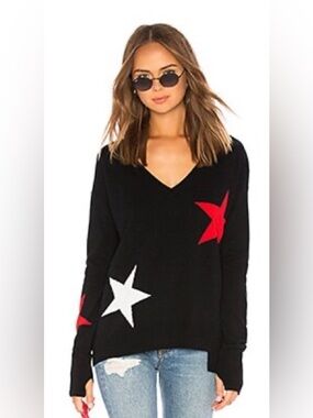 Pam & Gela Black V-Neck Sweater with Red & White Star Motif